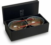 EDO JAPAN - Noodle Kommen Set - blauw/bruin - Serviesset - 4 delig - Geschikt voor 2 personen - Geleverd in een geschenkdoos! 