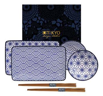 TOKYO DESIGN STUDIO -  NIPPON BLUE- SUSHI PLATE W/GIFTBOX AND CHOPSTICKS 4PCS 21X13.5 &amp; 9.5X3CM