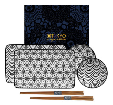 TOKYO DESIGN STUDIO-  NIPPON BLACK SUSHI PLATE W/GIFTBOX AND CHOP 6PCS 21X13.5CM &amp; 9.5X3CM