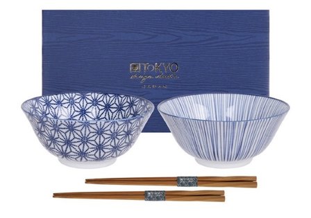 TOKYO DESIGN STUDIO -  NIPPON BLUE- TAYO GIFTBOX 2PCS W/CHOPST.15.2X6.7CM STAR &amp; LINES