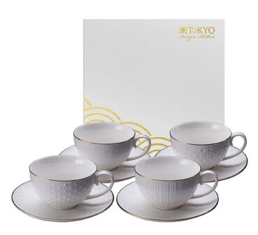 TOKYO DESIGN STUDIO -NIPPON WHITE GOLD RIM CUP AND SAUCER W/GIFTBOX 8pcs STAR LINES WAVE STRIPE 250ml