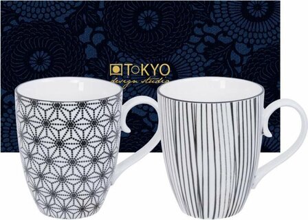 TOKYO DESIGN STUDIO - NIPPON BLACK MUG SET 2PCS 8,5X10,2CM 380ML STAR &amp; LINES