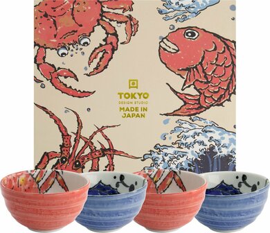 TOKYO DESIGN STUDIO- SEAFOOD BOWL SET 4PCS 13.2X7.3CM 500ML CRAB RED &amp; SNAPPER BL