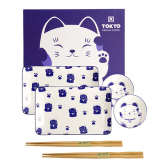 Tokyo Design Studio &ndash; Kawaii &ndash; Maneko &ndash; Blauw &ndash; Sushi Set &ndash; 6-delig &ndash; 2 Persoons