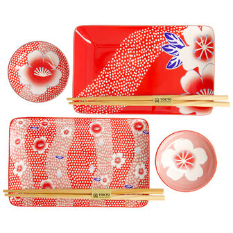 Tokyo Design Studio &ndash; Kawaii &ndash; Flower &ndash; Rood &ndash; Sushi Set &ndash; 6-delig &ndash; 2 Persoons