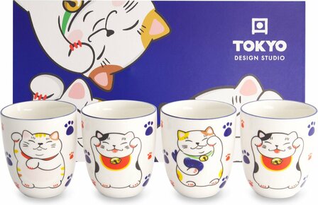 Tokyo Design Studio &ndash; Kawaii &ndash; Lucky Cat &ndash; Koppenset &ndash; 4 Stuks &ndash; 170ml