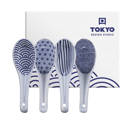 TOKYO design studio Nippon Blue Soup Spoons Set Blue/White 4-Piece Set of 4 Asian Spoons 13.8 x 4.8 cm Asian Porcelain Japanese Design with Gift Packaging 
