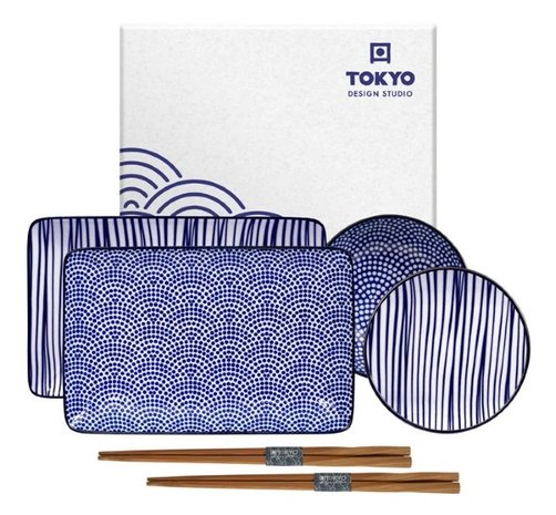 TOKYO DESIGN STUDIO - NIPPON BLUE  SUSHI PLATE GIFTBOX SET4 W/CHOP 21X13.5 & 9,5X3CM LINES/DOTS