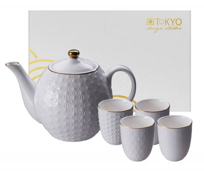 TOKYO DESIGN STUDIO- NIPPON WHITE GOLD RIM TEA SET GIFTBOX 1300ML W/4 CUPS 170ml