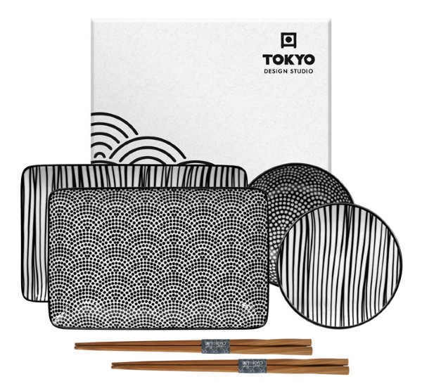 bijvoorbeeld jazz Kinderrijmpjes TOKYO DESIGN STUDIO -NIPPON BLACK SUSHI PLATE GIFTBOX SET4 W/CHOP  21X13.5&9.5X3CM LINES/DOTS - Toko Azia